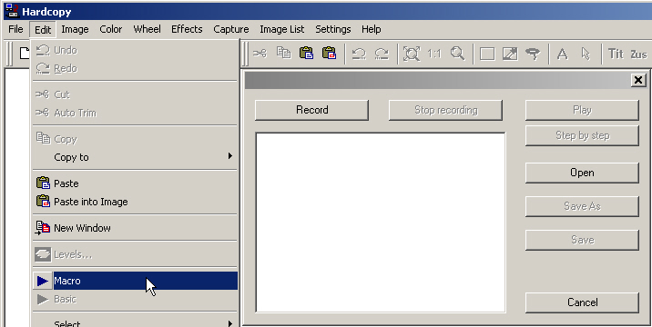 Hardcopy Macro menu and window